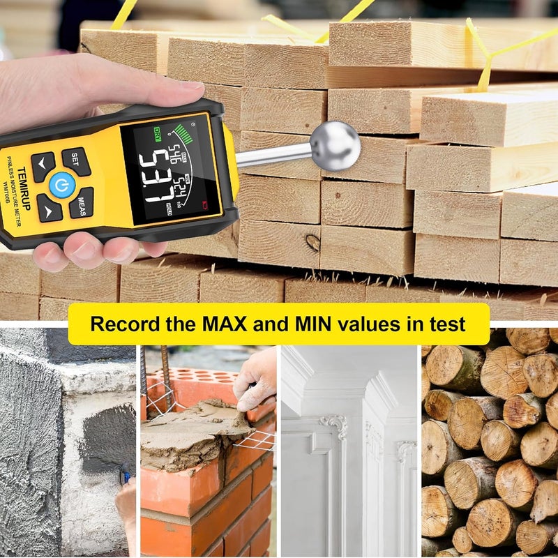 Temirup Store Moisture Meter, Pinless Moisture Meter –Wood Moisture Detector for Walls, Drywall, Firewood & Concrete, Digital Moisture Tester with 3-Color LCD Display Reader, Audible Alarm & Hold Function - Image 5
